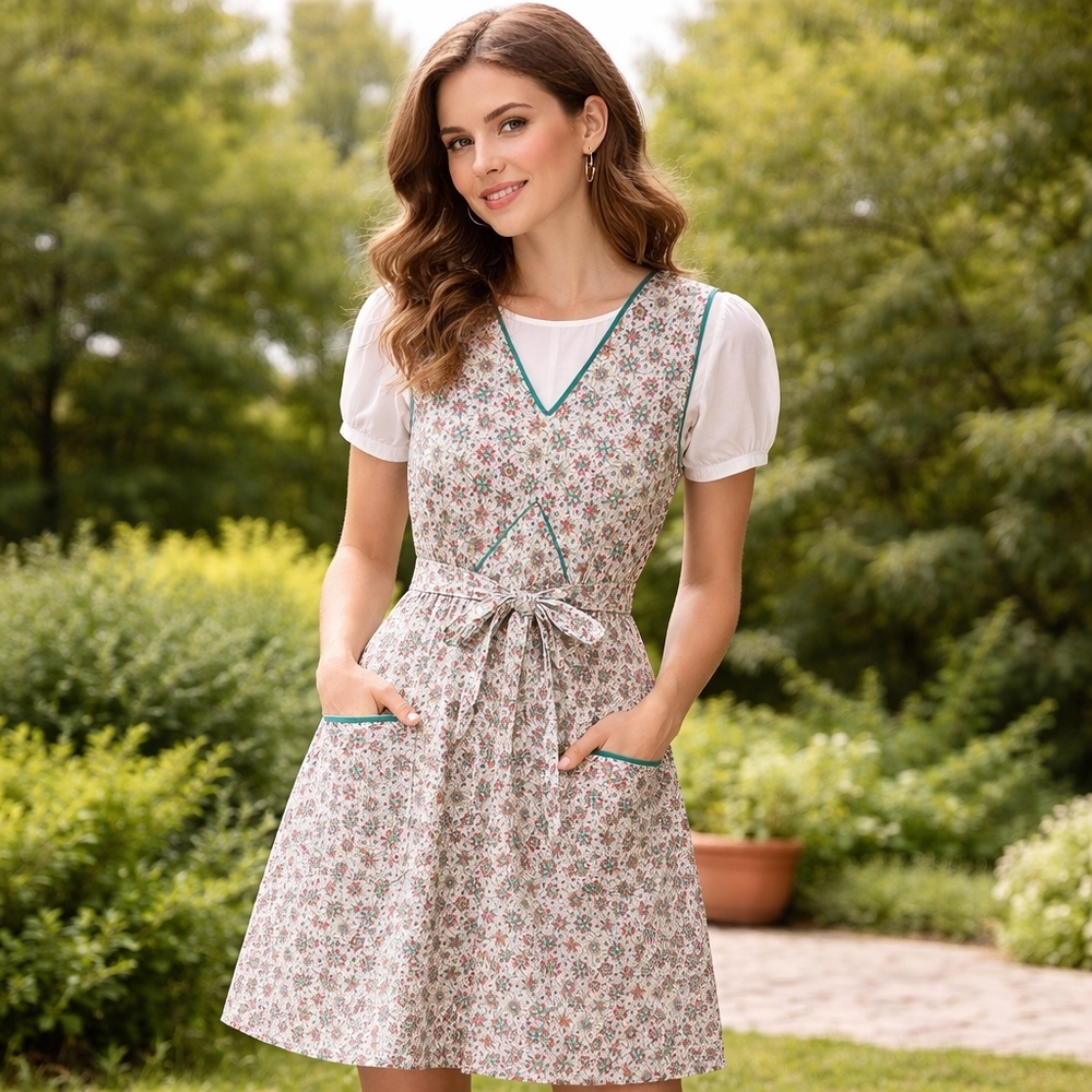 Vintage 1970s Pinafore Apron Dress. Cotton Retro Pattern Cottagecore Boho SZ: L